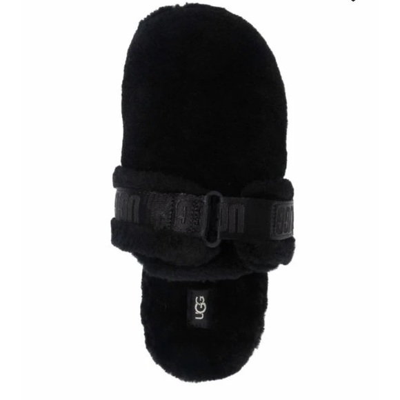 UGG Black Fuzzy Wool Closed Round Toe Logo Print Strap Slippers - Picture 2 of 10